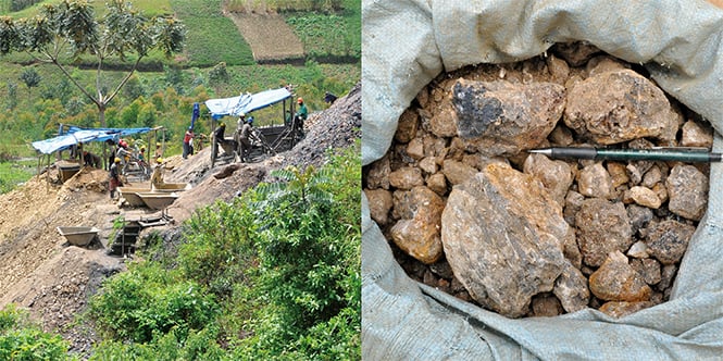 Image consists of two smaller photos. The left features a small mining site in a sunny, green landscape. The right depicts a woven bag containing ores and a pen for scale.