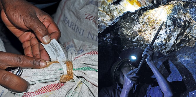 Image consists of two smaller photos. The left photo features a close-up of a set of hands holding a closed, woven bag and showing the bag's tag with barcode and marking. The right photo features a miner, wearing a miner's helmet, at work in a dark mine.