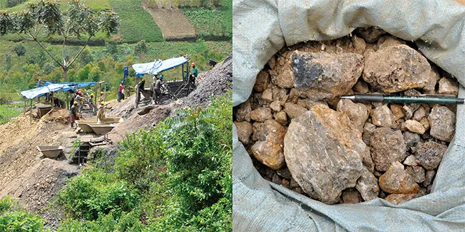Image consists of two smaller photos. The left features a small mining site in a sunny, green landscape. The right depicts a woven bag containing ores and a pen for scale.